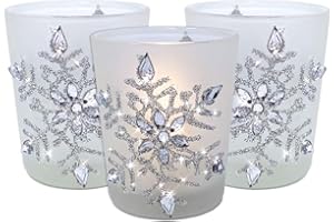 BANBERRY DESIGNS Snowflake Candle Holders - Lighted Frosted Glass Holders - Set of 3 with LED Candles - Glittery Snow Flake Holders with Jewels - Christmas Decor - 2.75" H x 2" D