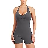 YEOREO Women Halter Workout Jumpsuits One Piece Backless Bodycon Bodysuits Hidden Scrunch V Back Yoga Joceline Short Romper