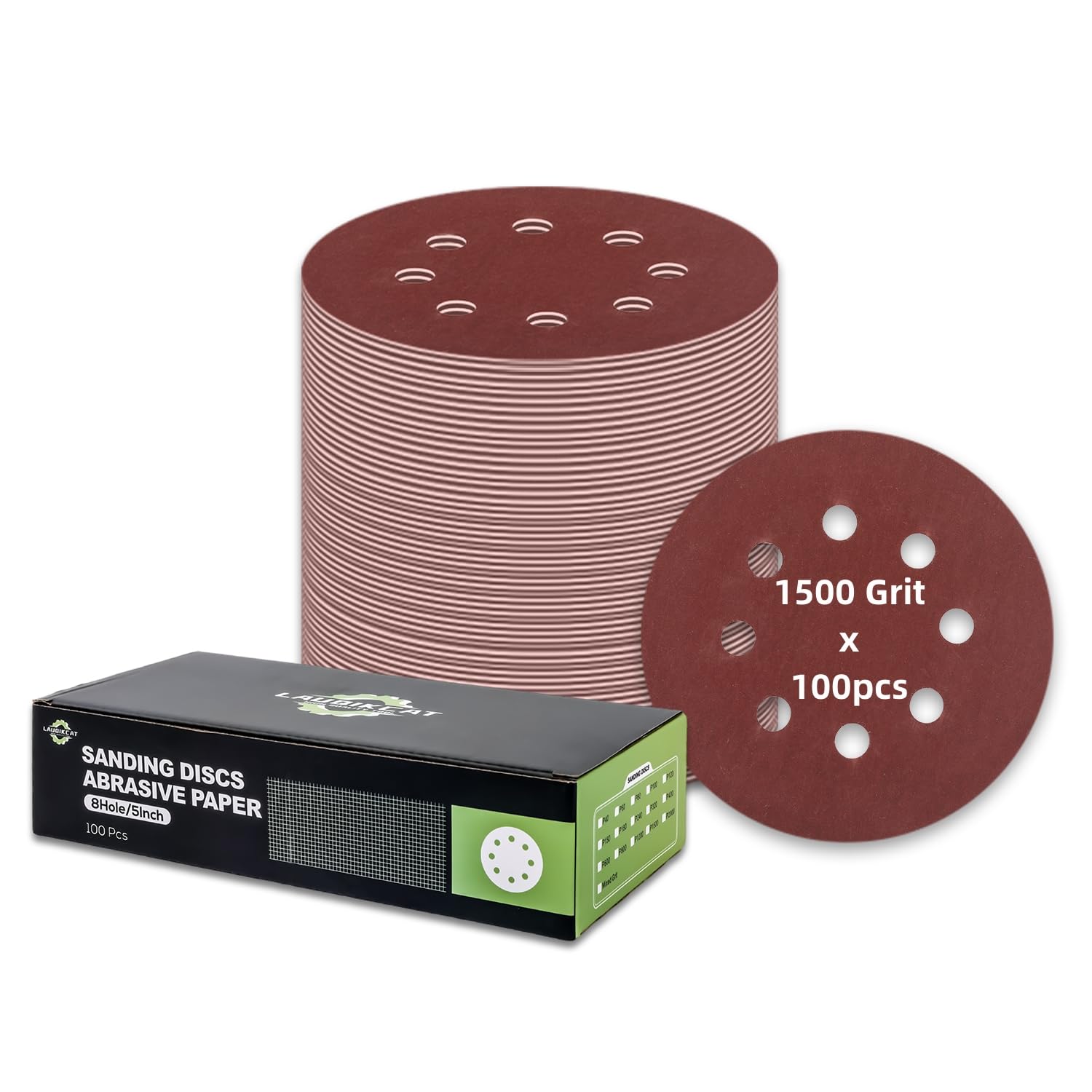 100 pcs Sanding Discs - 5 inch/125 mm, 8 Holes, Hook and Loop Sanding Pads for Random Orbital Sanders,Red Brown-1500 Grit