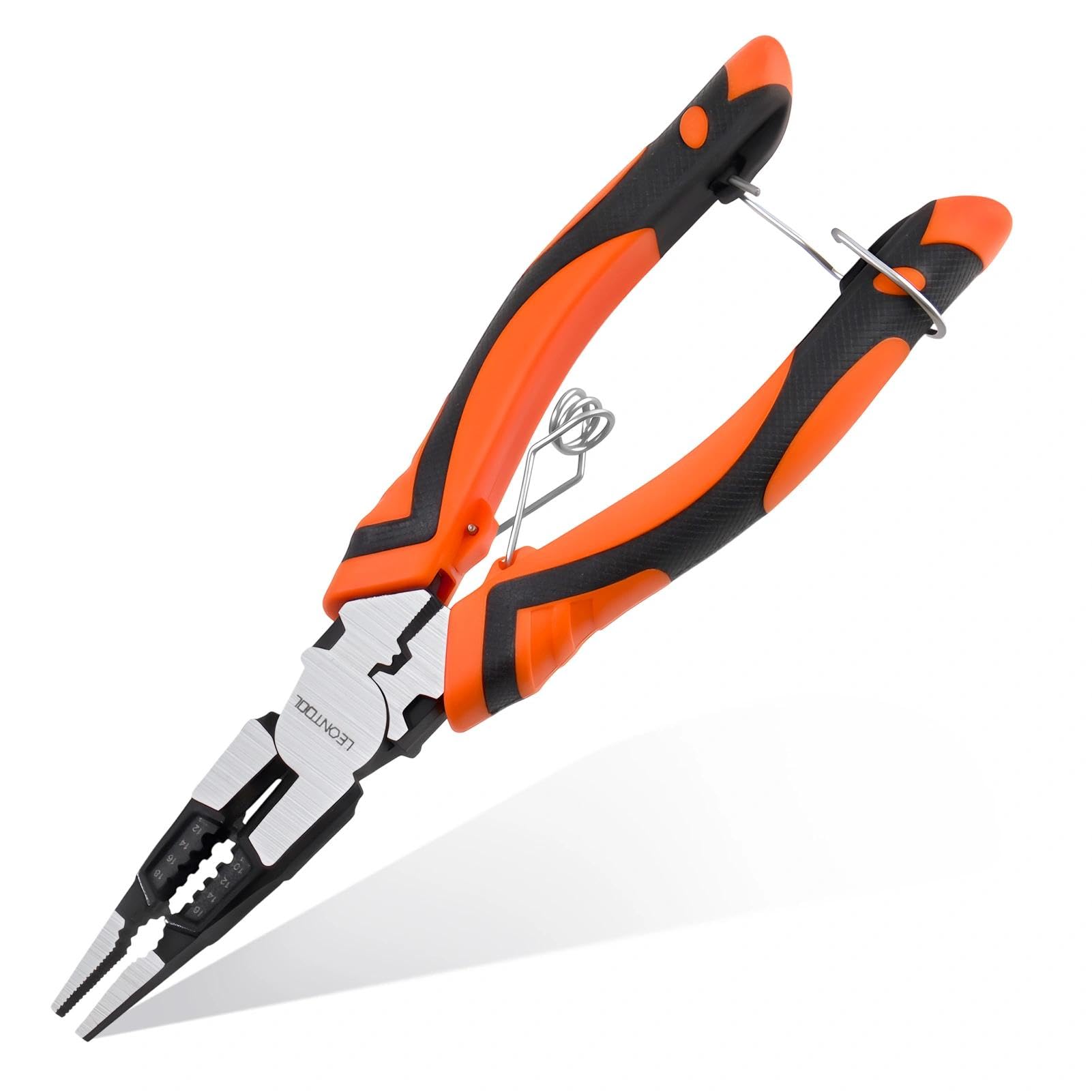 LEONTOOL 6-in-1 Long Nose Plier, 8" Multipurpose Needle Nose Pliers with Wire Stripper/Crimper/Cutter Function, Heavy Duty Electrician Plier for Electric Cable Crimping, Stripping, Shearing, Screwing