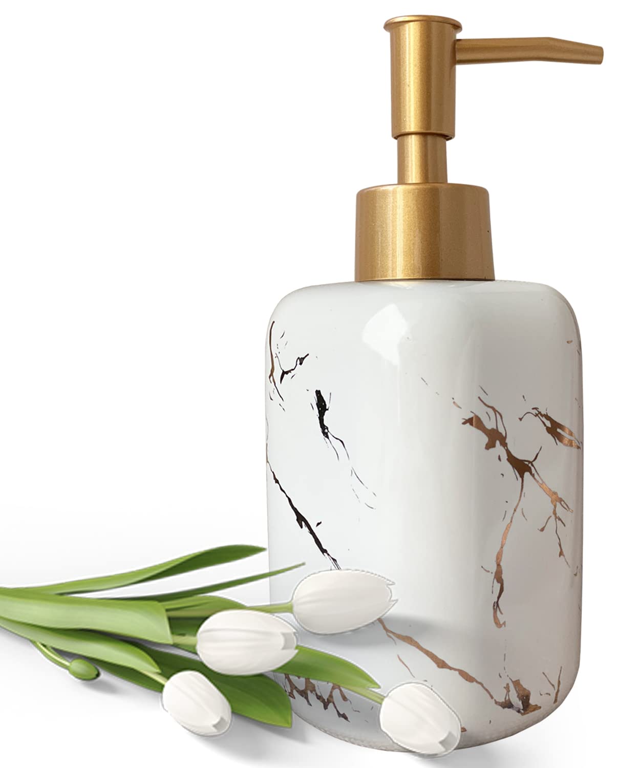 Photo 1 of 10 Oz White Square Marble Soap Dispenser for Bathroom Ceramic Liquid Hand Dispenser with Golden Pump Premium Kitchen Dispenser Bottle (White Marble)