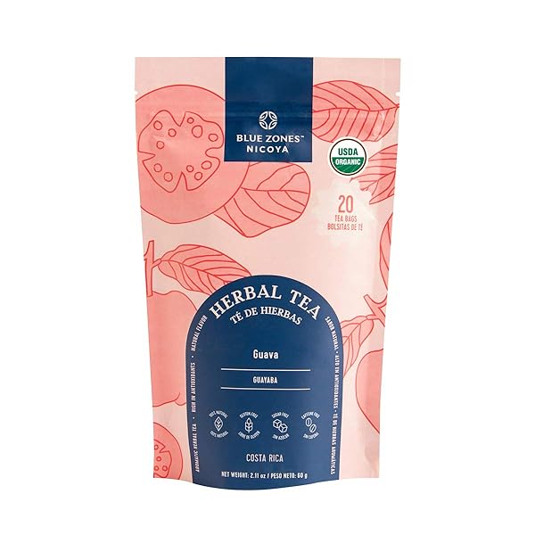 BLUE ZONES NICOYA – GUAVA LEAF FLAVORED TEA BAGS – 100% NATURAL, AND REFRESHING – HIGH MICRONUTRIENTS – GLUTEN, CAFFEINE, SUGAR-FREE – PACK OF 20 (2.11 OZ/ 60 G)