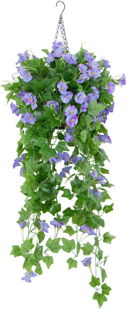 Lopkey Outdoor Artificial Morning Glory Silk Flower Hanging Planter Patio Lawn Garden 10 inch Hanging Basket with Chain Flowerpot,Blue