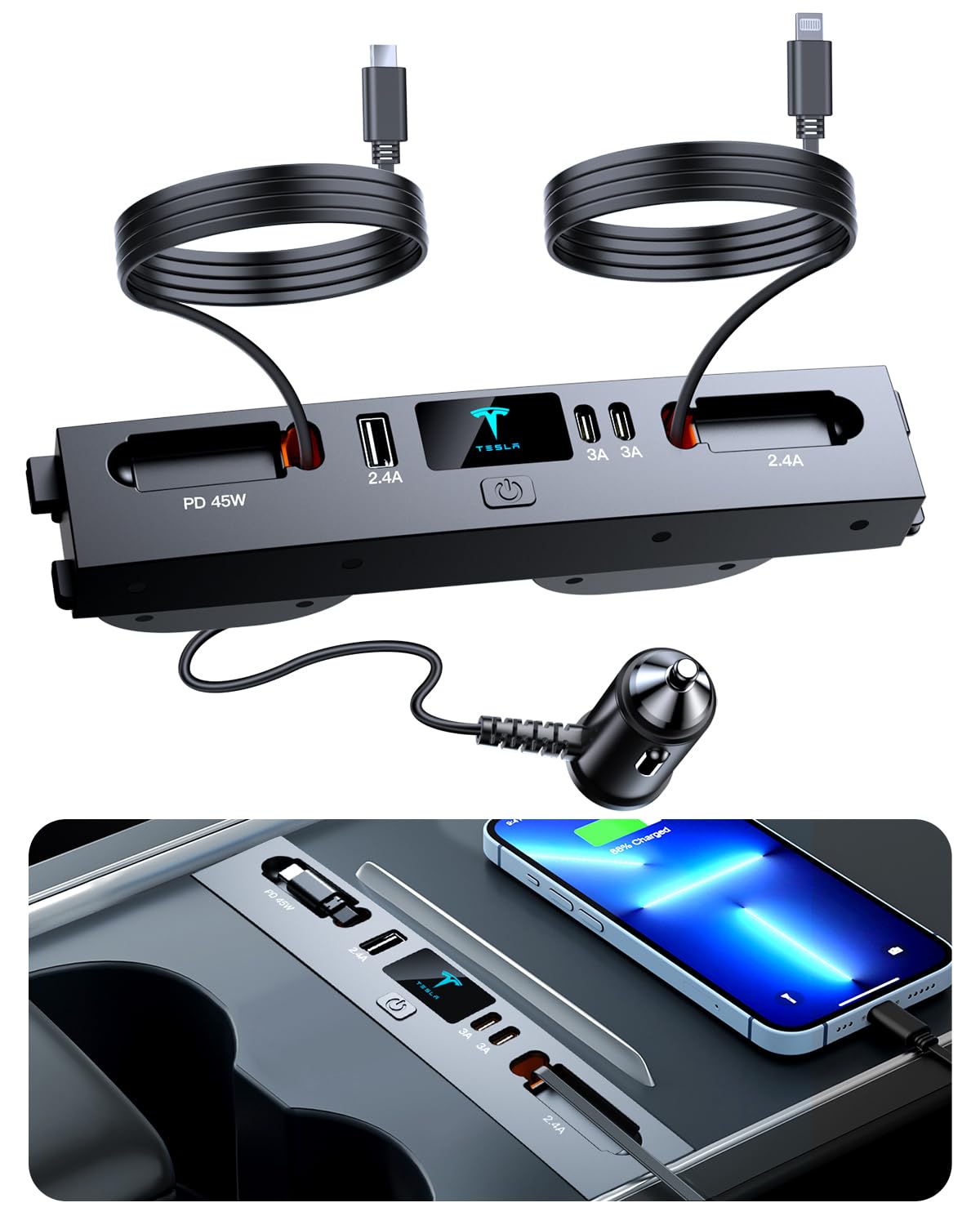 Photo 1 of Car USB Charger Multi Port for 2024 2025 Tesla Model 3 Highland & New Model Y Juniper 2026,Multifunctional Tesla Accessories with Logo and Retractable Cable,Tesla USB hub,Gifts for Tesla Owners