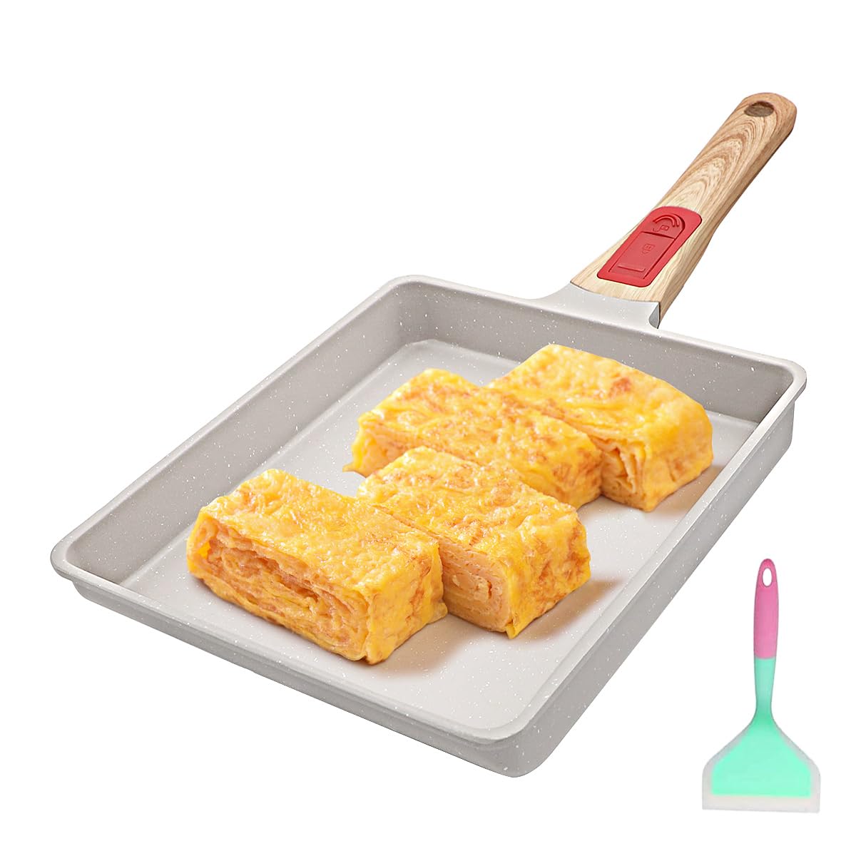 AIKENBBKK Japanese Omelette Pan Nonstick, Large Tamagoyaki Pan with Detachable Handle for Egg Roll, Oven Safe, 23x21 cm (White)