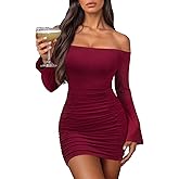 Women's Off Shoulder Bodycon Mini Dress Elegant Long Sleeve Ruched & Ribbed Tight Fit Clubwear for Cocktail Party,Date Night