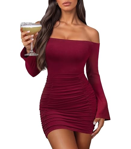 women's red off the shoulder dress for date night Princess Polly Taylon Long Sleeve Mini Body-Con - baring mini made with rippled ruching and a kiss of stretch to shape the figure Off-shoulder Red Evening Dress With
