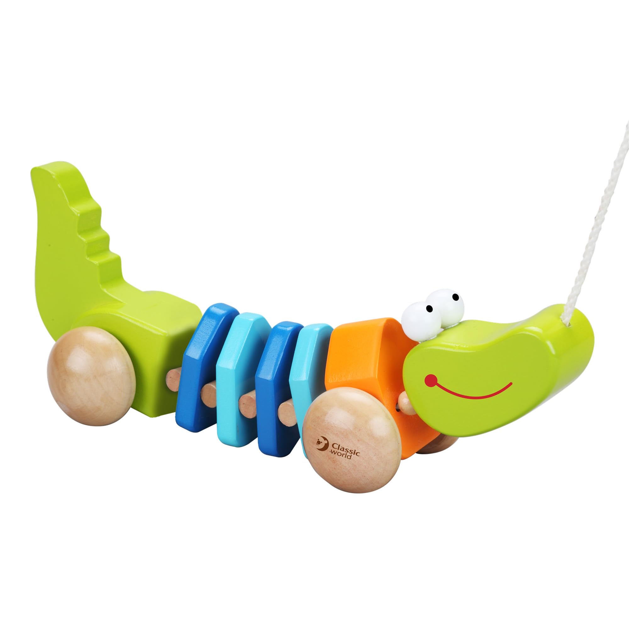 Classic World Wooden Flexible Crocodile Pull Along Toy, Colourful Walk-Along Alligator for Babies, Toddlers, Kids, Develops Fine Motor Skills and Color Recognition, 26 cm, 1 Year+