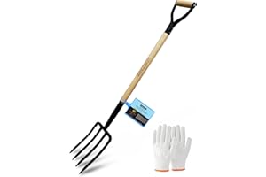 HORIJUNKE Garden Fork,4-Tine Pitchfork,Spading Digging Fork,Forged Steel Y-Grip, Wood Handle,45Inch