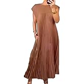 Sexyshine Women's Crew Neck Cap Sleeve Pleated Maxi Dress A Line Swing Flowy Loose Cocktail Party Long Dress with Pockets