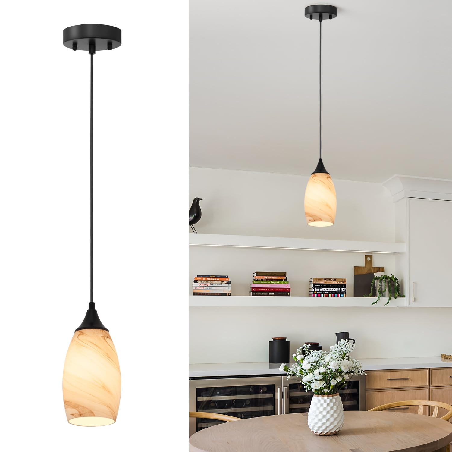 Photo 1 of ANYLOVE Vintage Art Brown Stripe Pendant Lighting,1-Pack Hand Glass Hanging Light Fixture, Adjustable Cord for Kitchen, Hallway, Dining Room