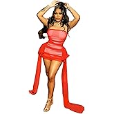 Women's Sheer Mesh Ribbon Strapless Bodycon Sexy Sleeveless See Through Ruffle Mini Dress for Party Night Club