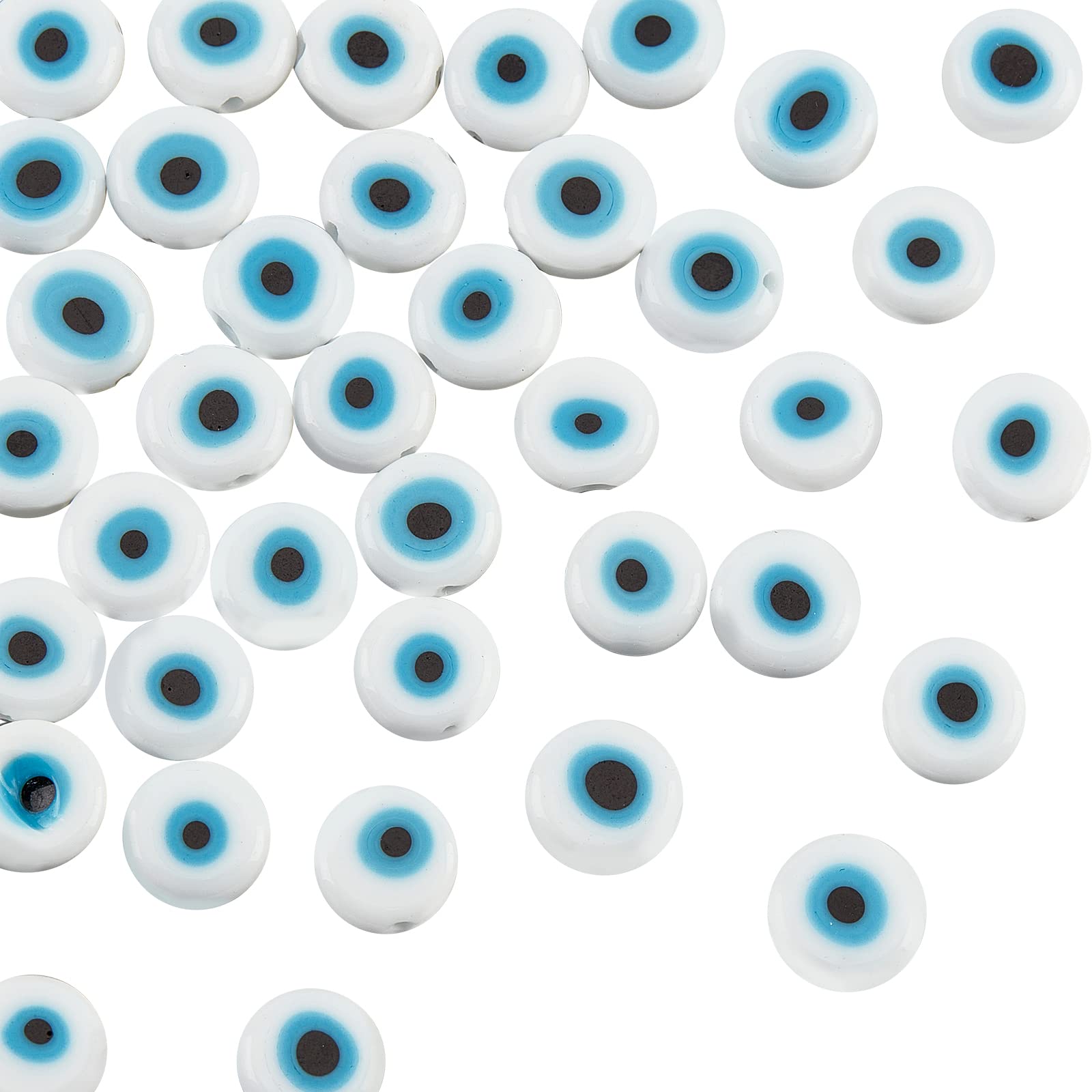 NBEADS 38 Pcs White Glass Evil Eye Beads - 1 Strand Handmade 10mm Flat Round Lampwork Charms for Jewelry
