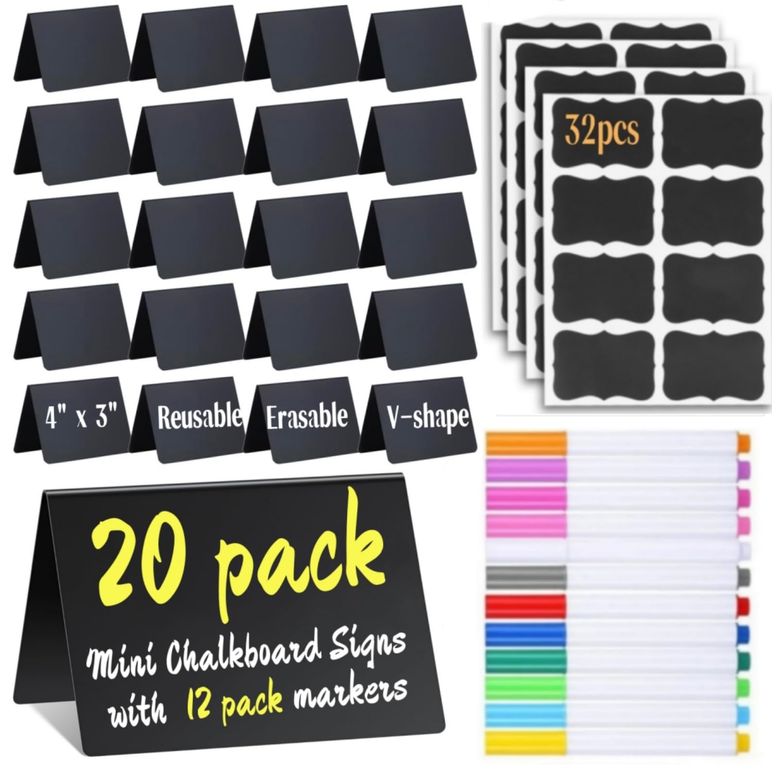 Photo 1 of 20 Pack Mini Chalkboard Signs Food Labels for Party Buffet, Reusable Small Chalk Boards for Birthday Bakery Wedding Table Signs Food Tags Place Cards with 12 Markers, 32 Blackboard Stickers