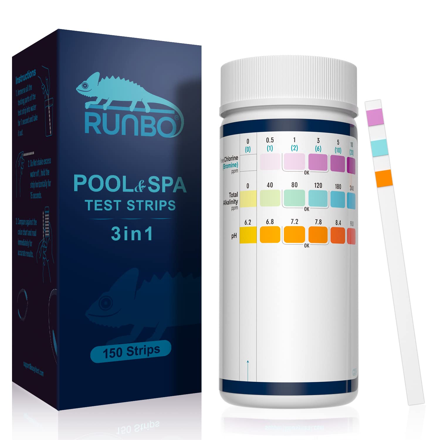 RUNBO 3 in 1 Hot Tub Strips, Swimming and Pool SPA Test Strips kits for Free Chlorine, Bromine, Total Alkalinity and pH. 150 Counts