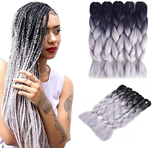 24 Inches Jumbo Braid Synthetic Braid Hair Extensions 4 Pieces/100g Kanekalon Hair Braiding Extensions (4PCS, 1B/Silver Grey)