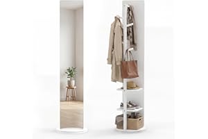 CHARMAID Swivel Full Length Mirror with Coat Rack, 65.5" Wood Floor Standing Mirror with Clothes Rod, 4 Hooks & 3 Storage She