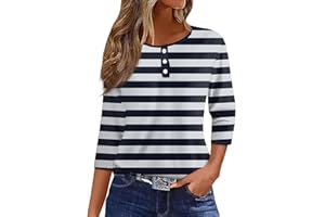 NUMALLER 3/4 Length Sleeve Womens Tops Henley Casual Striped Shirt Button Three Quarter Dressy Blouses Crew Neck T Shirts