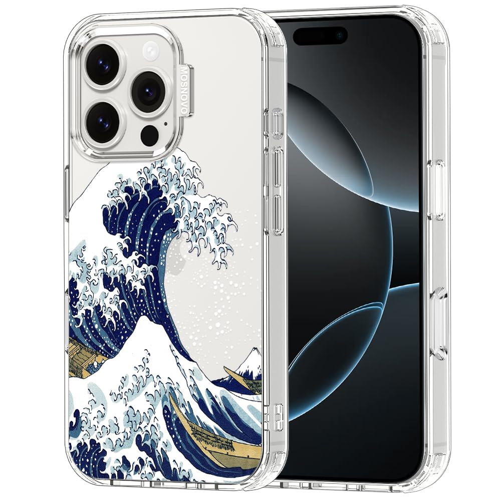 MOSNOVO Case for iPhone 16 Pro, [Buffertech 6.6ft Military-Grade Drop Protection] [Anti Peel Off Tech] Clear TPU Bumper Phone Case Cover Design - Great Wave