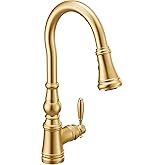 Moen Weymouth Brushed Gold Traditional Shepherd's Hook Pulldown Kitchen Faucet Featuring Pull Down Spray Head with Power Boos