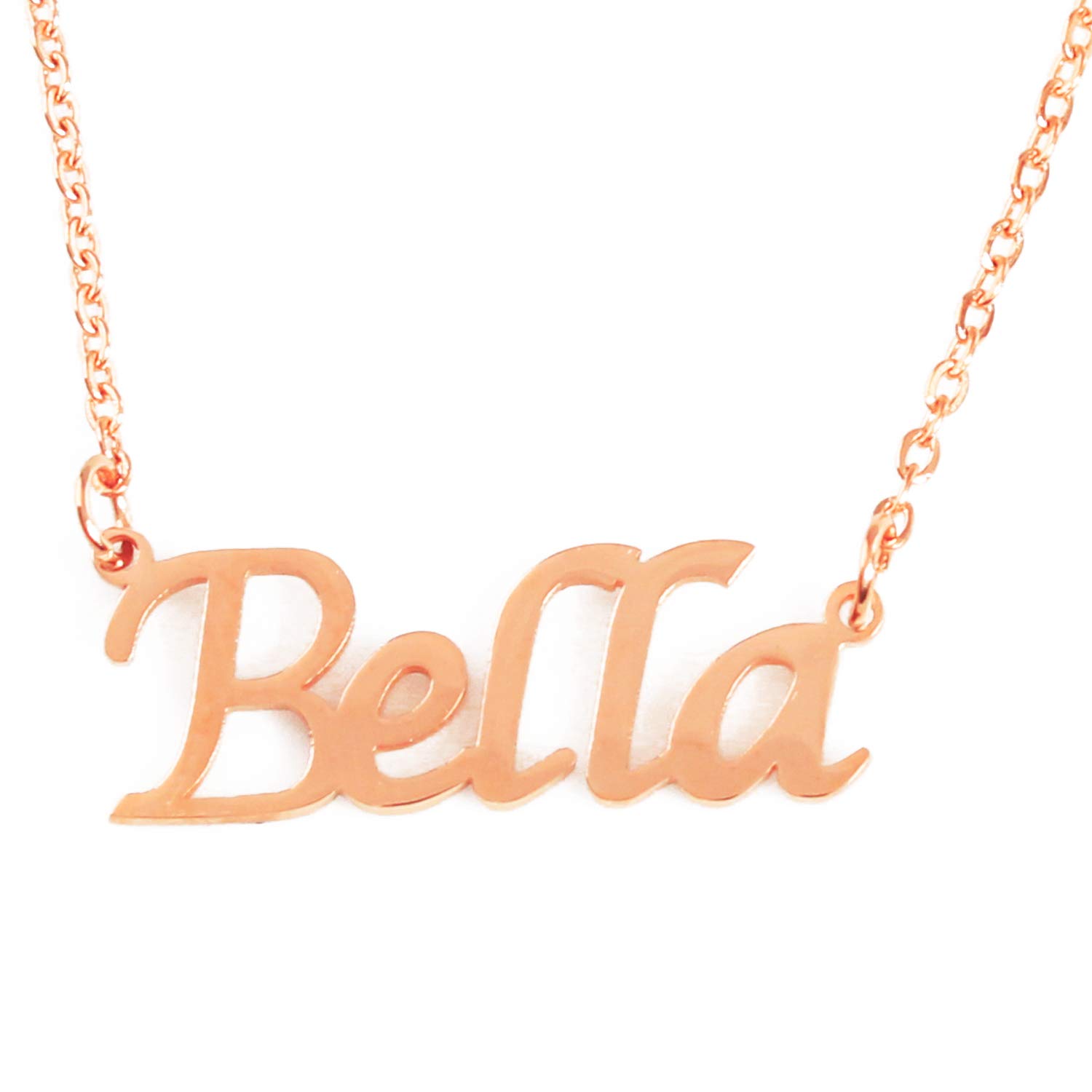 Kigu Bella Name Necklace Personalised 18K Rose Gold Plated, Custom Dainty Name Pendants, Jewellery for Ladies, Girlfriend, Mother, Sister, Friends Inc Bag & Box