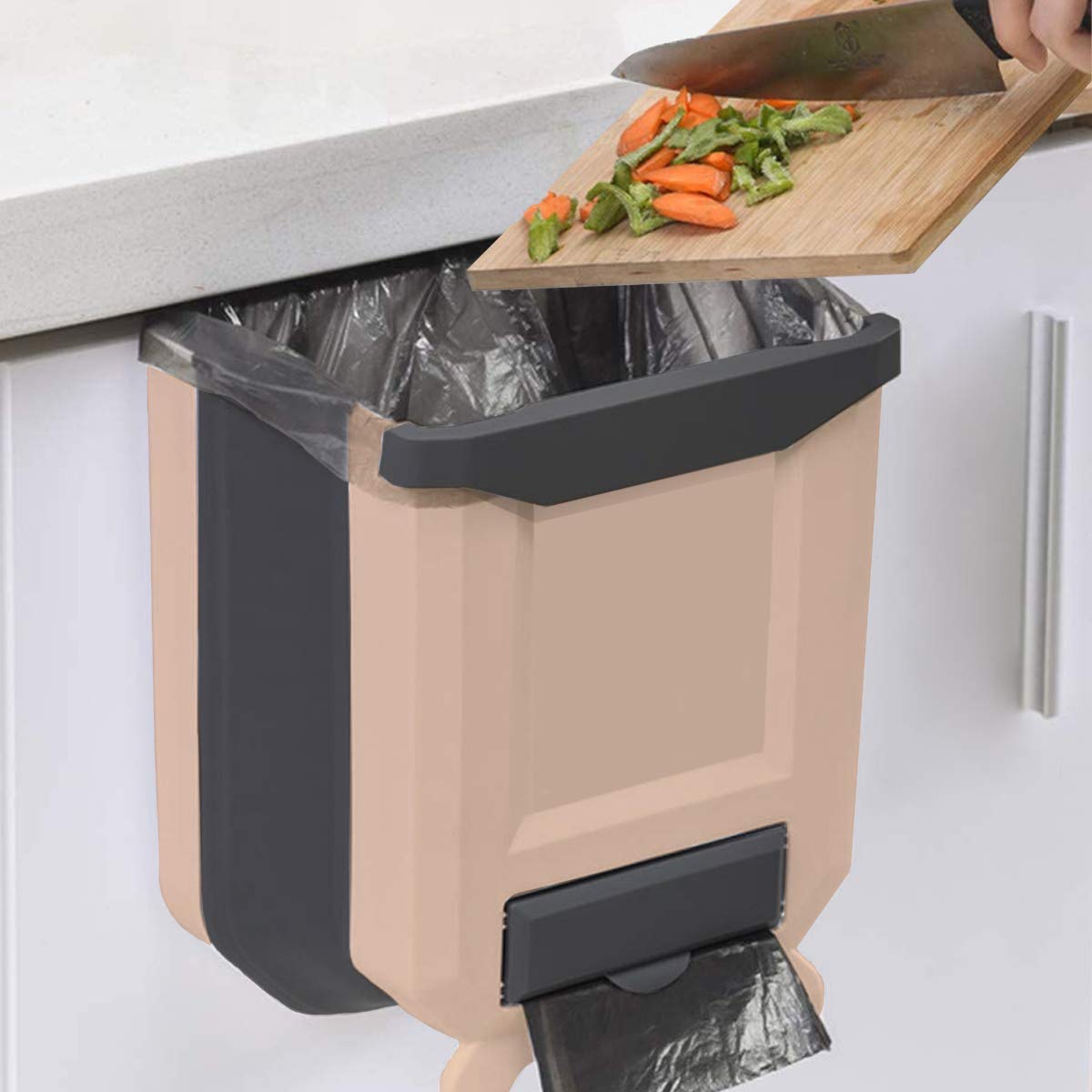 HUAPPNIO Kitchen Bin Plastic Folding Wall Mounted for Cupboard Door Hanging Trash Can 8L (Beige) — image 1