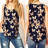AIMTOPPY Womens Butterfly Print Sleeveless Chiffon Tank Top Shirts Crew Vest (L)