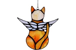 HOUSEEN Angel Cat Memorial Ornaments, Stained Glass Window Hanging Decorations for Cat Lovers, Angel Wings Cat Suncatcher Decor, Pet Memorial Sympathy Statue (Orange)