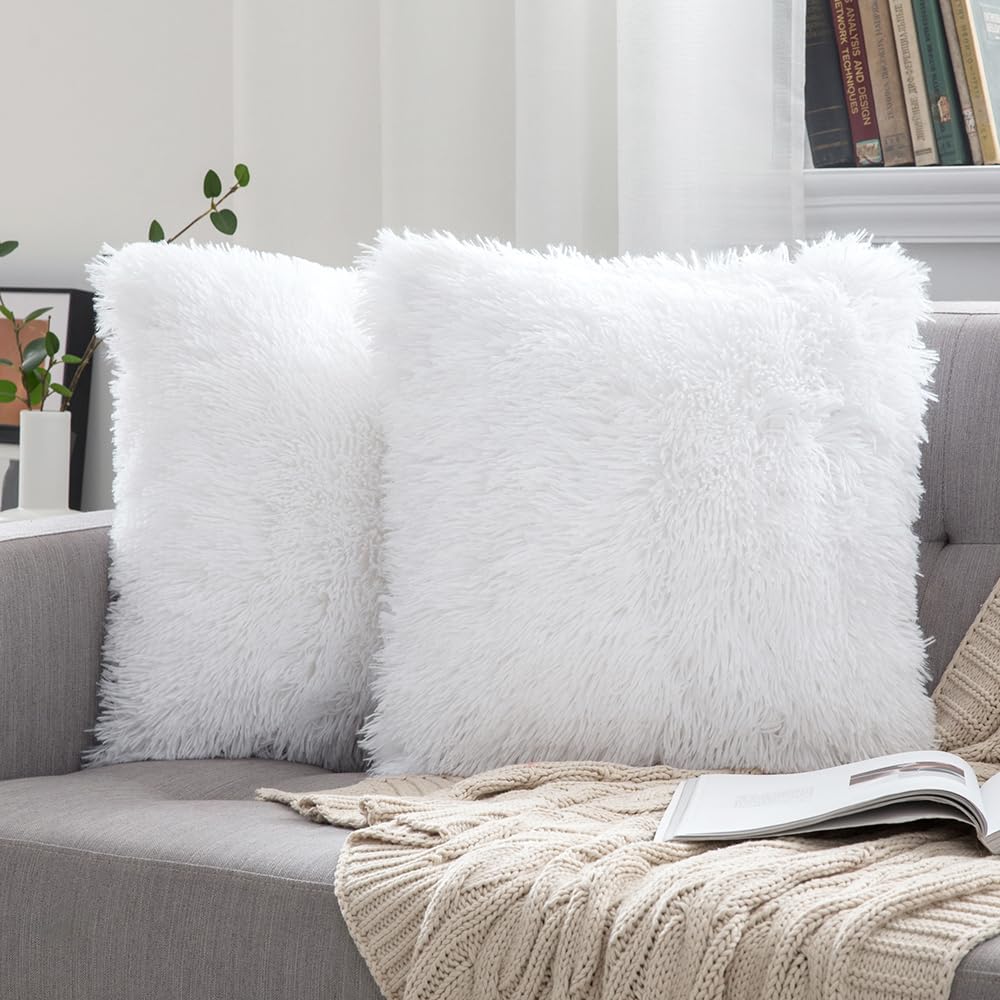 MIULEE Pack of 2 Faux Fur Cushion Covers Fluffy Soft Decorative Square Pillowcase Plush Case Faux Fur Throw Pillow Cover For Livingroom Sofa Bedroom 24x24 Inch 60x60cm 24"x24" White