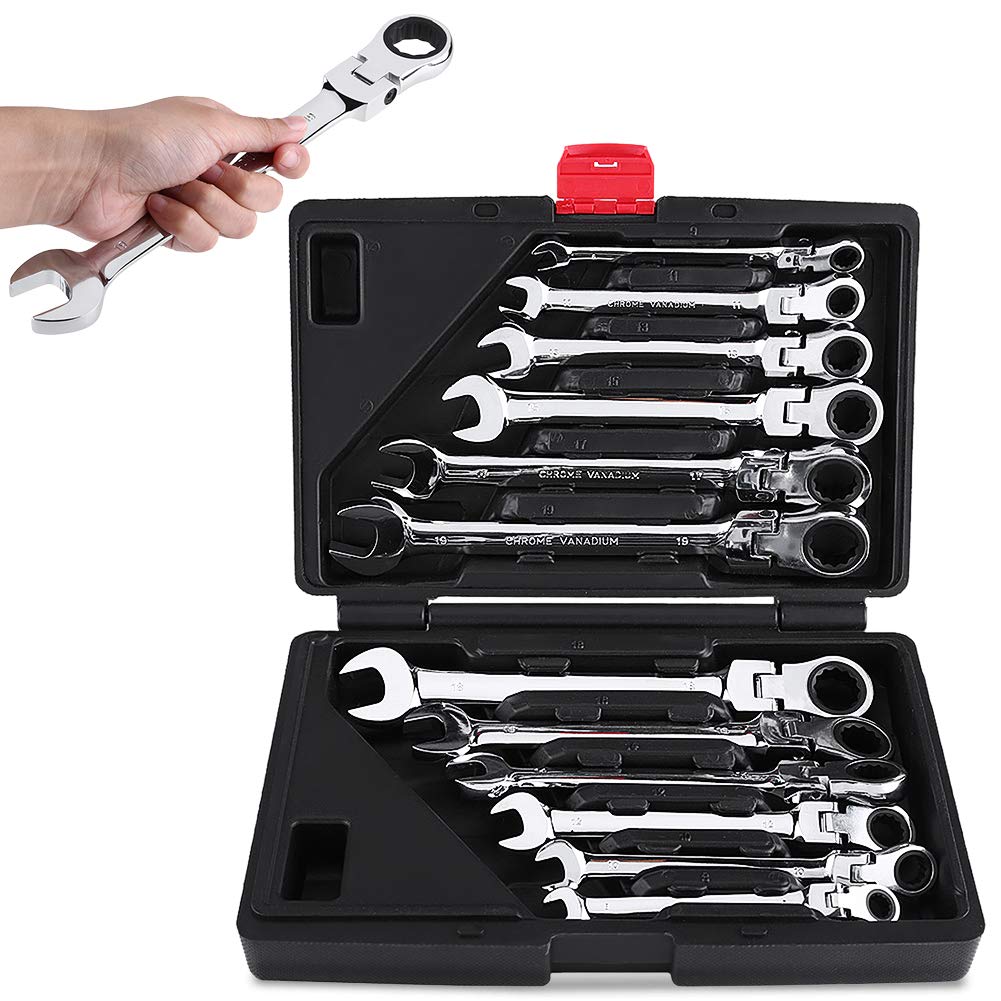 Ejoyous 12-Piece Flexible Head Ratchet Wrench and Spanner Set, Chrome Vanadium Steel, 8-19mm, with Storage Case