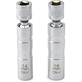 QWORK 14mm&16mm Magnetic Swivel Spark Plug Socket, Thin Wall Magnetic Rotating 3/8" Drive 12 Point Standard Spark Plug Socket