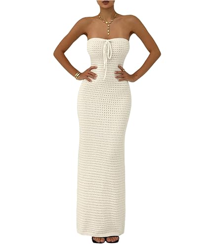 SOLY HUX Women's Summer Crochet Tube Maxi Dress Tie Front Strapless Sleeveless Bodycon Knit Long Dresses Plain Apricot Large at Amazon Women's Clothing store
