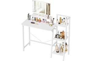 HIGDBFE Small Makeup Vanity White Desk 34''W with Mirror and Lights, 3-Tier Storage Shelves, Vanity Table with Stand for Girl