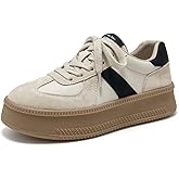 BEAU TODAY Womens Platform Retro Sneakers, Fashion Sneakers for Women, Casual Suede Leather Sneakers, Comfortable Lace Up Non-Slip Walking Tennis Trainer Shoes
