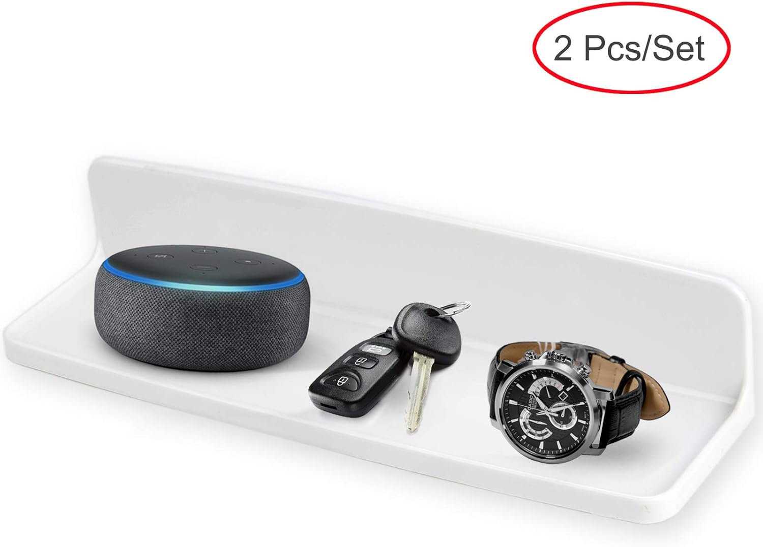 Wall Mounted Small Floating Shelf Stick On Wall Shelves for Bedroom,Kitchen,Bathroom Bedside Shelves to Display Speakers,Photo Frame,Watch,Keys,Cosmetics-Damage Free-Plastic-White(2Pcs/Set)