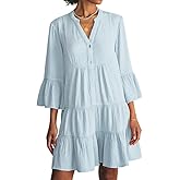R.Vivimos Cotton Dresses for Women Summer V Neck 3/4 Flare Sleeve Button Front Casual Loose Tiered Mini Dress