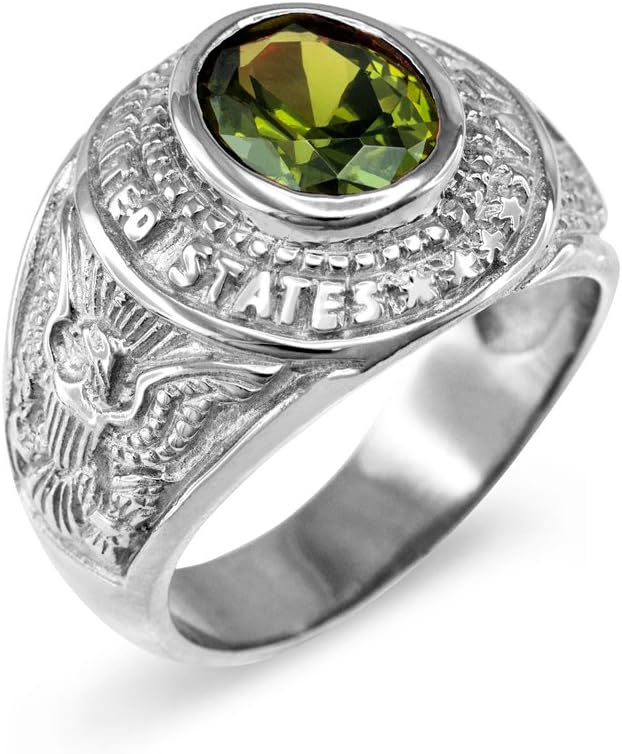American Heroes August CZ Birthstone US Army Men's Ring in Solid 925 Sterling Silver