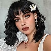 NOBLE Black Bob Curly Wavy Wig with Bangs for Women, Natural, Heat Resistant Synthetic Fiber Wig for Daily Party Cosplay Costume