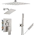 Aolemi Shower Faucet Set Ceiling Mount Shower System Rough-in Valve and Shower Trim Kit 10 and 6 Inch Dual Shower Head 2 in 1 Handheld Spray Push Button Diverter Brushed Nickel