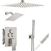 Aolemi Shower Faucet Set Ceiling Mount Shower System Rough-in Valve and Shower Trim Kit 2 in 1 Handheld Spray Push Button Diverter 10 and 6 Inch Dual Shower Head Brushed Nickel
