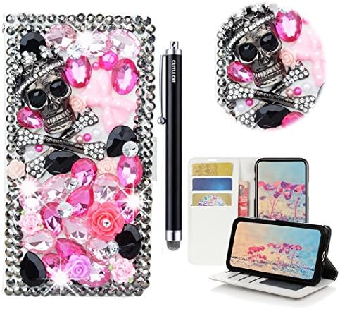 iPhone 8 Bling Wallet Case - Castle Cas 3D Handmade Sparkle Crystal Skull Rose Flowers PU Leather Anti-Scratch Card Slots Bumper Design Cover for iPhone 7 / iPhone 8 - Pink