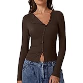 QINSEN Women's Long Sleeve Ribbed Crewneck Shirts Upper Button Fastening Going Out Tops