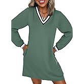 EVALESS Womens Dresses 2026 Spring Fall V Neck Long Sleeve Casual Tshirt Dress Contrast Striped Sweatshirt Dress