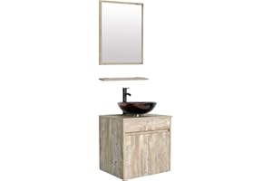 eclife 24" Bathroom Vanity Sink Combo Wall Mounted Natural Cabinet Vanity Set Brown Round Tempered Glass Vessel Sink Top, W/ORB Faucet, Pop Up Drain & Mirror (A09E03AK)