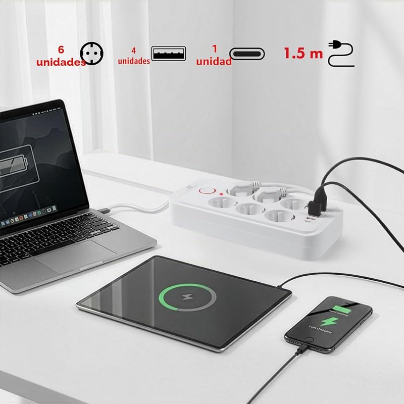 Regleta MCE389/391 | 6 Conectores 4xUSB 1xUSB-C 2500W | Cable de extensión de Escritorio con Interruptor | Puertos 45° | Montado en la Pared (Blanco, 1,5 m)