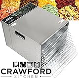 Crawford Kitchen Commercial Food Dehydrator | Stainless Steel Easy To Clean Body | Pro Quality Dehydrated Raw Food &amp; Jerky Maker | 1000W Ultra High Effieciency Design
