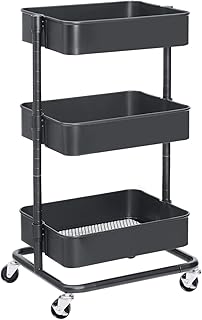 SONGMICS Rollwagen mit 3 Ebenen, Aufbewahrungswagen, Küchenregal mit Rollen, Ablagefächer höhenverstellbar, Servierwagen mit 2 Bremsen, einfache Montage, für Bad, Küche, Büro, grau BSC60GS