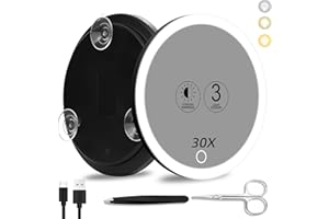SUUPVAOR 30x Lighted Magnifying Mirror with Suction Cups, Large 6'' Magnified Mirror with Light High Magnification Travel Makeup Mirror, Rechargeable Battery, 3 Colors Dimming Light, with Tweezers &Scissors