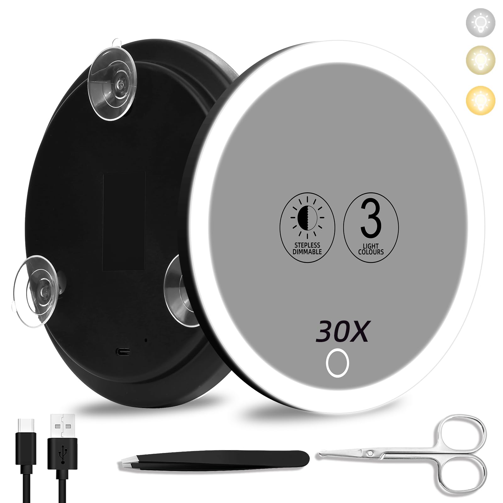 Suupvaor 30x Magnifying Mirror With Light, 3 Colors Dimming Lighted With 3 Suction Cups, Travel Light Up High Magnification Makeup Mirror With Tweezers Scissors