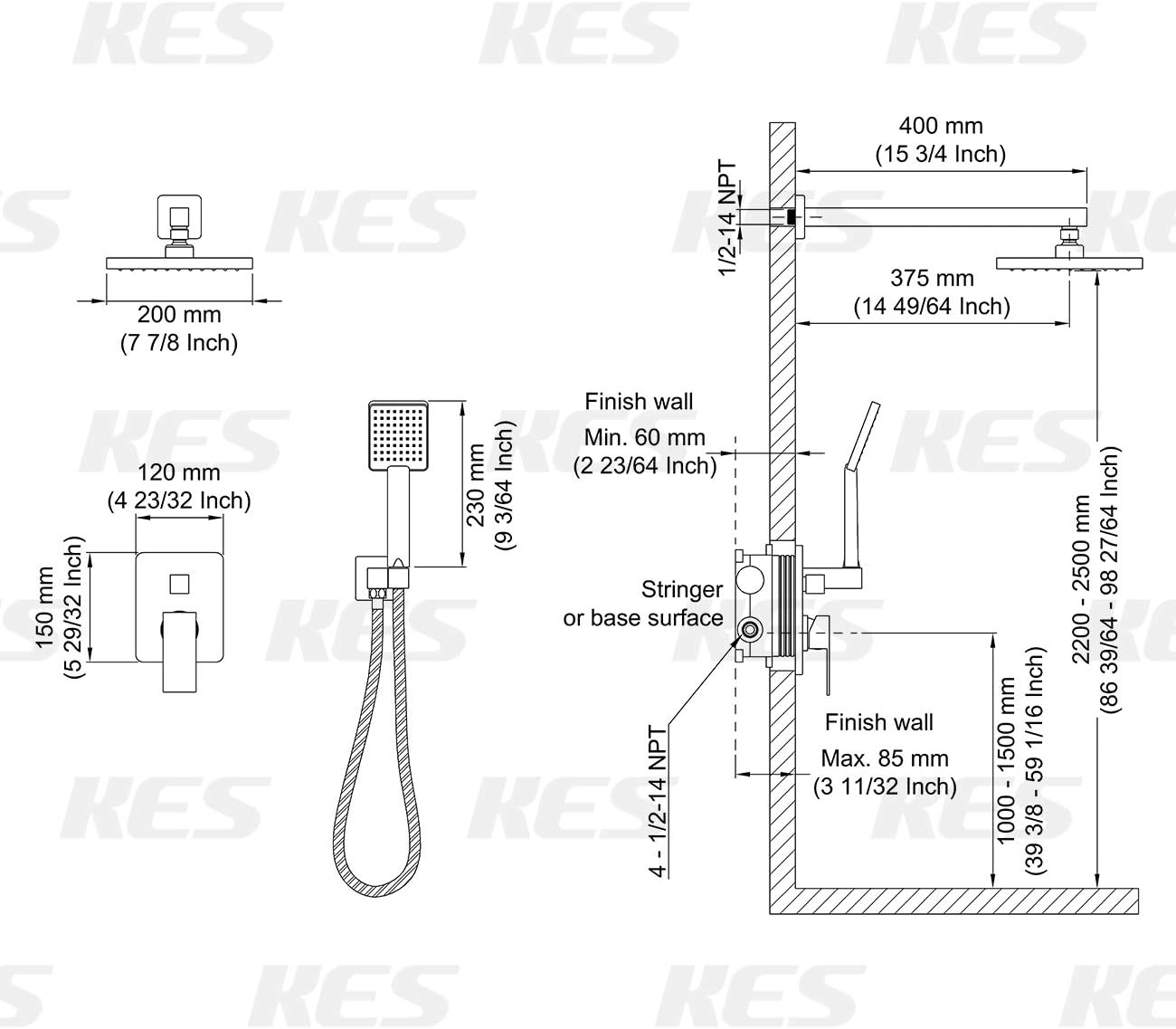KES Shower System Bathroom Rainfall Shower Head Rain Mixer Shower Combo Set Wall Mount Matte Black (Including Shower Faucet Rough-In Valve Body and Trim), XB6223-BK - - 